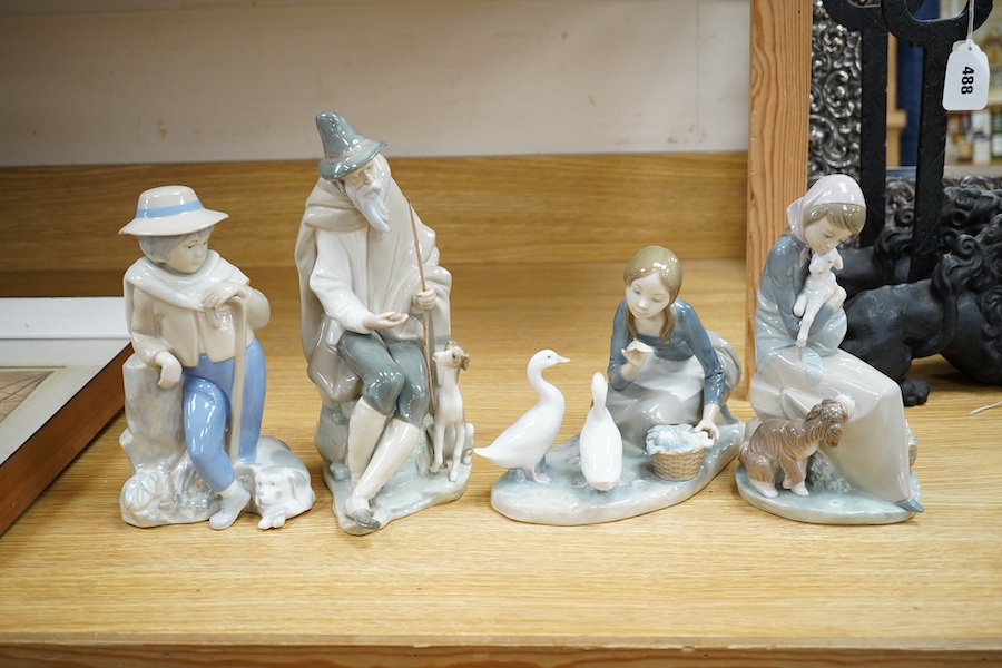 Four Lladro figures; elderly man with a dog, a girl with two ducks, a shepherdess and a boy shepherd, tallest 27cm. Condition - good